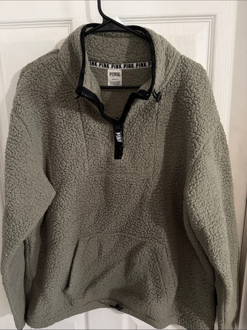 PINK Victoria's Secret Olive Green Sherpa Quarter-Zip Pullover